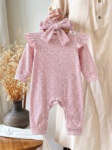 SHEIN 2件組幼兒女嬰連身衣 可愛粉白配色 長袖圓領鈕扣款 舒適保暖 適合假期與日常 秋冬休閒 柔軟舒適 附髮箍 - 粉色 - 查看 3