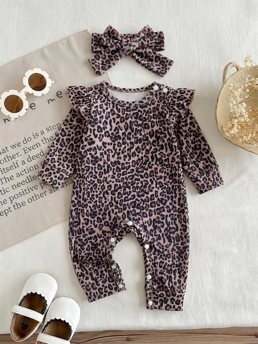 SHEIN 2pcs Set Romper Bayi Perempuan Elegan Motif Leopard Cokelat dengan Pita dan Ruffle, Lengan Panjang, Leher Bulat, Model Reguler, Cocok untuk Pesta Ulang Tahun, Liburan Musim Gugur, Halloween, dan Gaya Vintage - Coklat - View 1