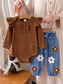 SHEIN 2pcs Baby Girls Bodysuit + Pants Sweet Brown Blue Ribbed Ruffle Flower Bow Flutter Sleeve Round Neck Regular Birthday Spring Princess Holiday Paperbag - Brown - View 3