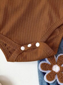SHEIN 2pcs Baby Girls Bodysuit + Pants Sweet Brown Blue Ribbed Ruffle Flower Bow Flutter Sleeve Round Neck Regular Birthday Spring Princess Holiday Paperbag - Brown - View 4