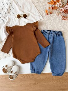 SHEIN 2pcs Baby Girls Bodysuit + Pants Sweet Brown Blue Ribbed Ruffle Flower Bow Flutter Sleeve Round Neck Regular Birthday Spring Princess Holiday Paperbag - Brown - View 2