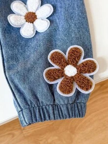SHEIN 2pcs Baby Girls Bodysuit + Pants Sweet Brown Blue Ribbed Ruffle Flower Bow Flutter Sleeve Round Neck Regular Birthday Spring Princess Holiday Paperbag - Brown - View 7
