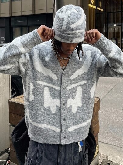 NEOSTRIT Men's Colorblock Long Sleeve Single-Breasted Casual Knit Cardigan, Couple Outfit, Office Work Autumn, Best Holiday Gift,Goth,Y2k,Streetwear