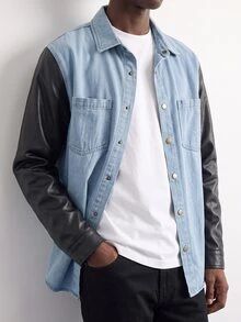 VOXRYNE Men's Casual Daily Contrast Color Button Front Patch Pocket Denim Jacket - Blue - View 6