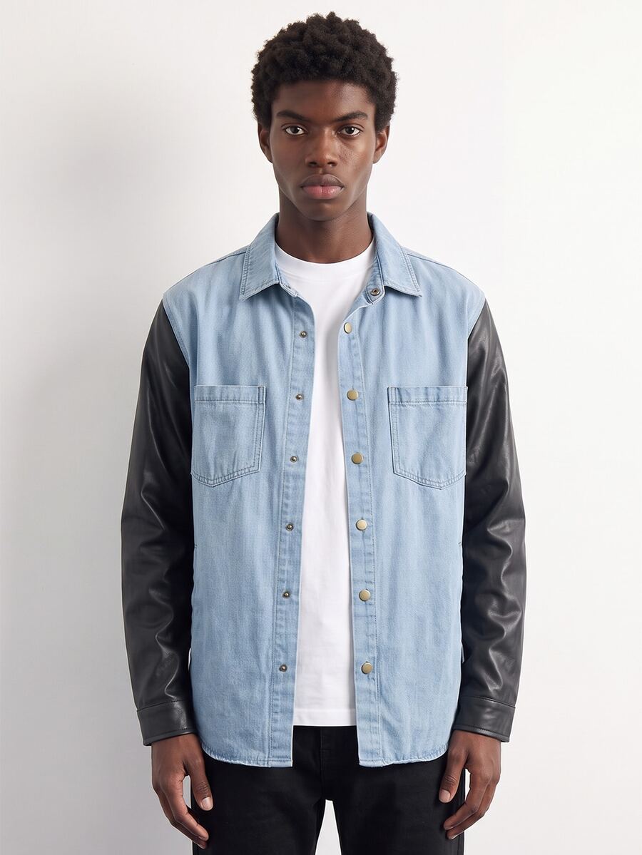 VOXRYNE Men's Casual Daily Contrast Color Button Front Patch Pocket Denim Jacket