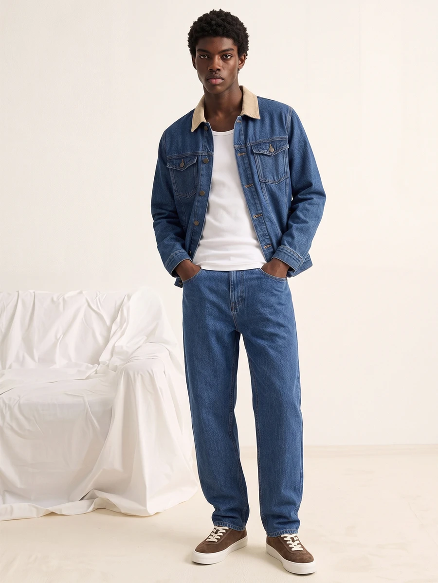 VOXRYNE Men's Retro Aqua Blue Denim Suit,Single-Breasted Long Sleeve Trucker Jacket And Pants Set,Autumn Holiday Casual Washed Western Style Work Clothes