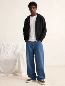 VOXRYNE Autumn/Winter Streetwear Washed Blue Straight Loose Fit Embroidered Slogan Jeans Baggy Jeans Y2k - Blue - View 7