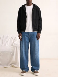 VOXRYNE Autumn/Winter Streetwear Washed Blue Straight Loose Fit Embroidered Slogan Jeans Baggy Jeans Y2k - Blue - View 5