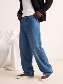 VOXRYNE Autumn/Winter Streetwear Washed Blue Straight Loose Fit Embroidered Slogan Jeans Baggy Jeans Y2k - Blue - View 3