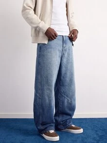 Manfinity EMRG 男士休闲宽松破洞喇叭蓝色牛仔裤 - 深色水洗藍 - 查看 7