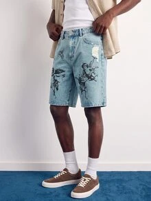 VOXRYNE Men's Streetwear Gothic Style Angel Print Washed Denim Shorts - Medium Wash - View 7