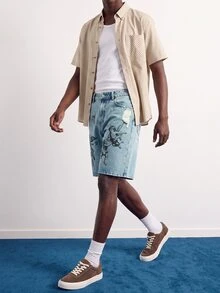 VOXRYNE Men's Streetwear Gothic Style Angel Print Washed Denim Shorts - Medium Wash - View 5