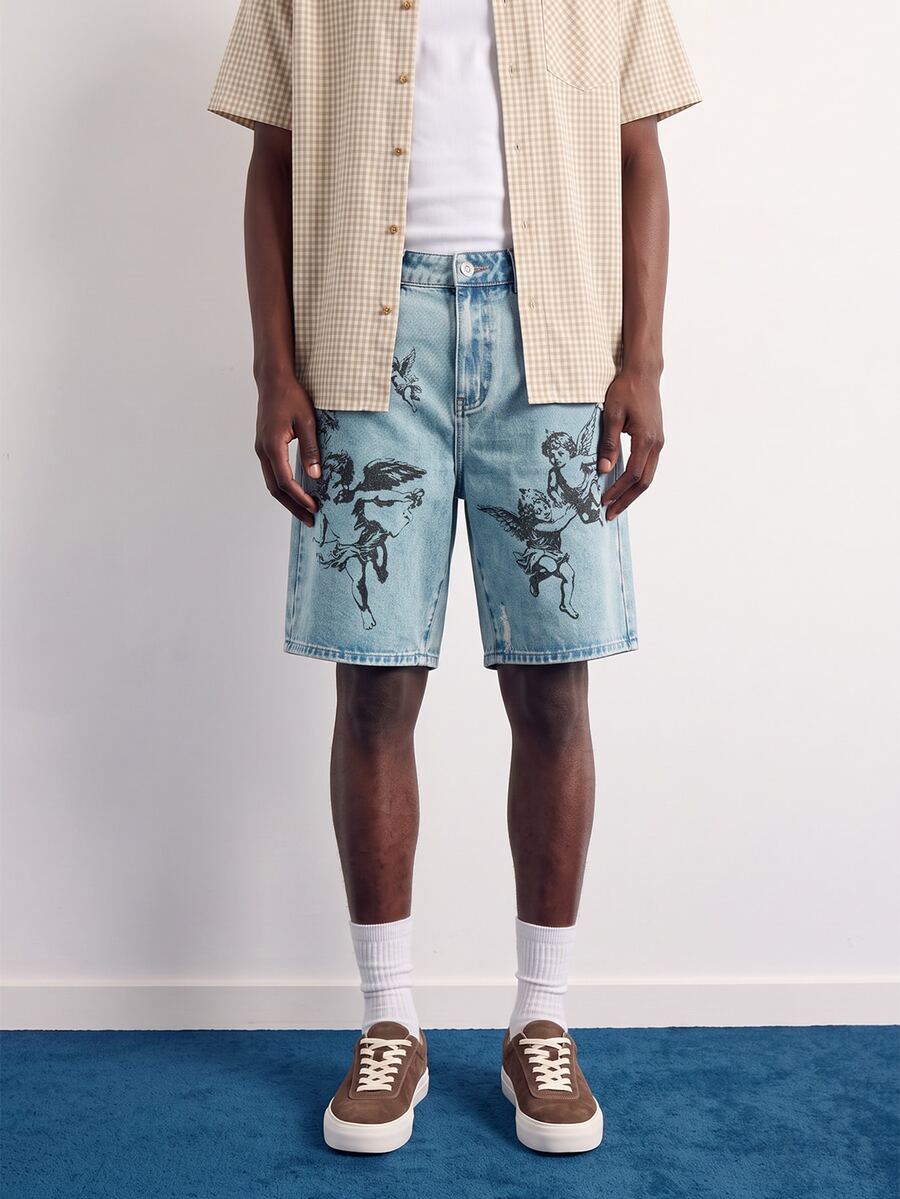 VOXRYNE Men's Streetwear Gothic Style Angel Print Washed Denim Shorts