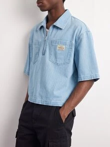 VOXRYNE Men's Street Style Casual Multi-Pocket Zipper Pullover Blue Striped Denim Short Sleeve Shirt - Light Wash - View 8