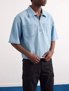 VOXRYNE Men's Street Style Casual Multi-Pocket Zipper Pullover Blue Striped Denim Short Sleeve Shirt - Light Wash - View 3