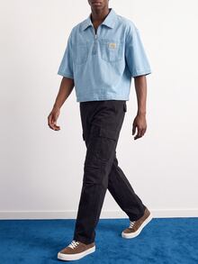 VOXRYNE Men's Street Style Casual Multi-Pocket Zipper Pullover Blue Striped Denim Short Sleeve Shirt - Light Wash - View 5