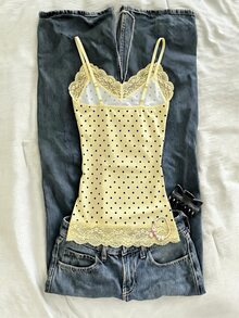 IslaSuriya Women's Elegant Vacation Style Polka Dot Print Contrast Lace Slim Fit Camisole Top - Yellow - View 2
