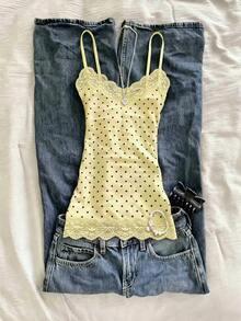 IslaSuriya Women's Elegant Vacation Style Polka Dot Print Contrast Lace Slim Fit Camisole Top - Yellow - View 1