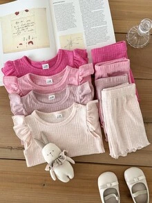 SHEIN Baby Girls T-Shirt Co-Ords Summer Cute Modest Family Matching Ribbed Knitted Short Sleeve Tee Top Shorts Set Outfit Hot Pink Rose Pink Dusty Pink - Multicolor - View 8