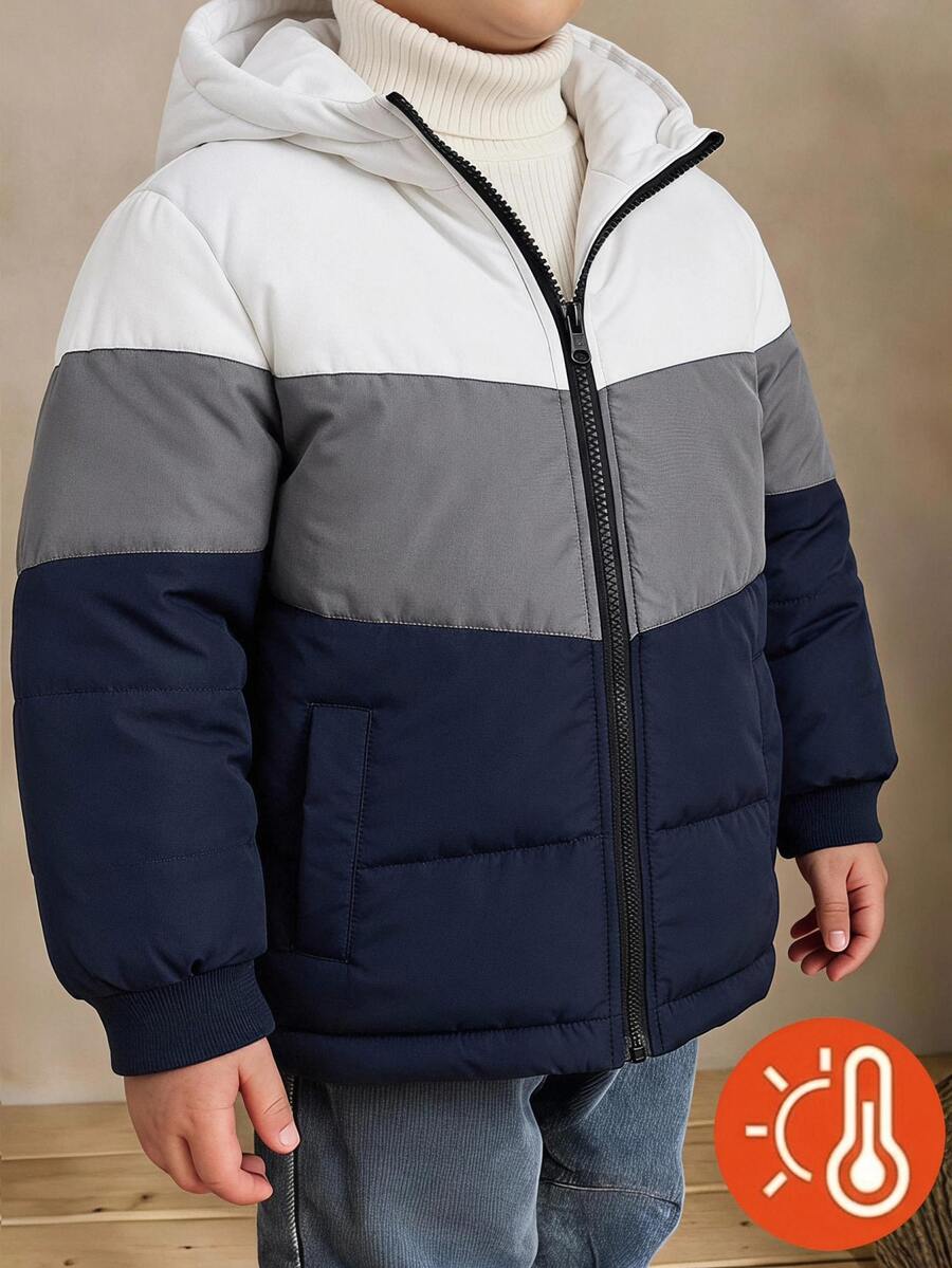 SHEIN Boys' Padded Coat, Outdoor Style, Autumn/Winter , White/Grey/Blue Color Block, Simple Fashionable Comfortable - Blue and White - View 1