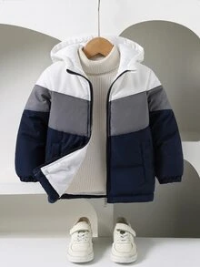 SHEIN Boys' Padded Coat, Outdoor Style, Autumn/Winter , White/Grey/Blue Color Block, Simple Fashionable Comfortable - Blue and White - View 3