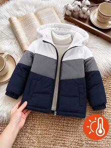 SHEIN Boys' Padded Coat, Outdoor Style, Autumn/Winter , White/Grey/Blue Color Block, Simple Fashionable Comfortable - Blue and White - View 2