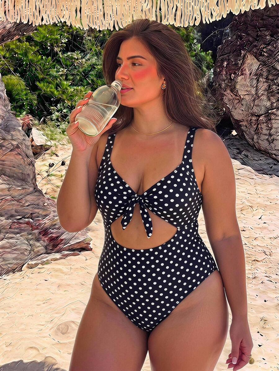 Swim Vcay Plus Size Women Solid Color One-Piece Backless Sexy Bikini Swimsuit - Black and White - View 1
