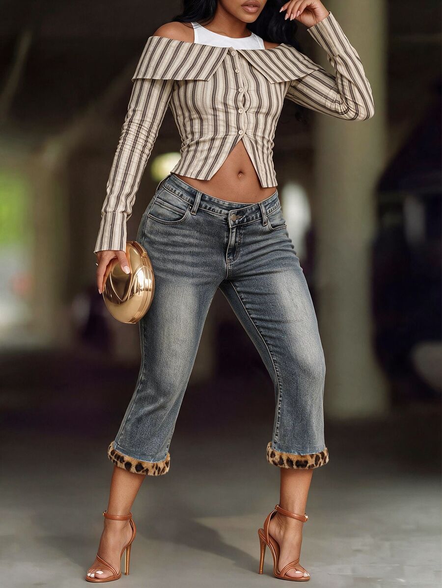 Slaydiva Women's Asymmetrical Waist Denim Cropped Flare Jeans - Blue - View 1