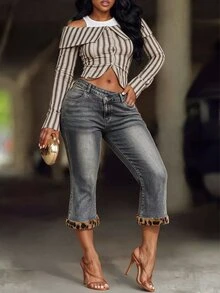 Slaydiva Women's Asymmetrical Waist Denim Cropped Flare Jeans - Blue - View 4