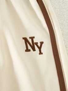SHEIN 2件組女童復古休閒風字母刺繡工藝對比色翻領半拉鍊長袖上衣與側條紋設計長褲，7歲生日秋季穿搭 - 杏色 - 查看 7