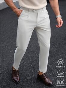 Manfinity Mode Men's Apricot Italian Style Diagonal Button Waist Double Pleated Wrinkle-Resistant Casual Commute Business Suit Pants - Apricot - View 1
