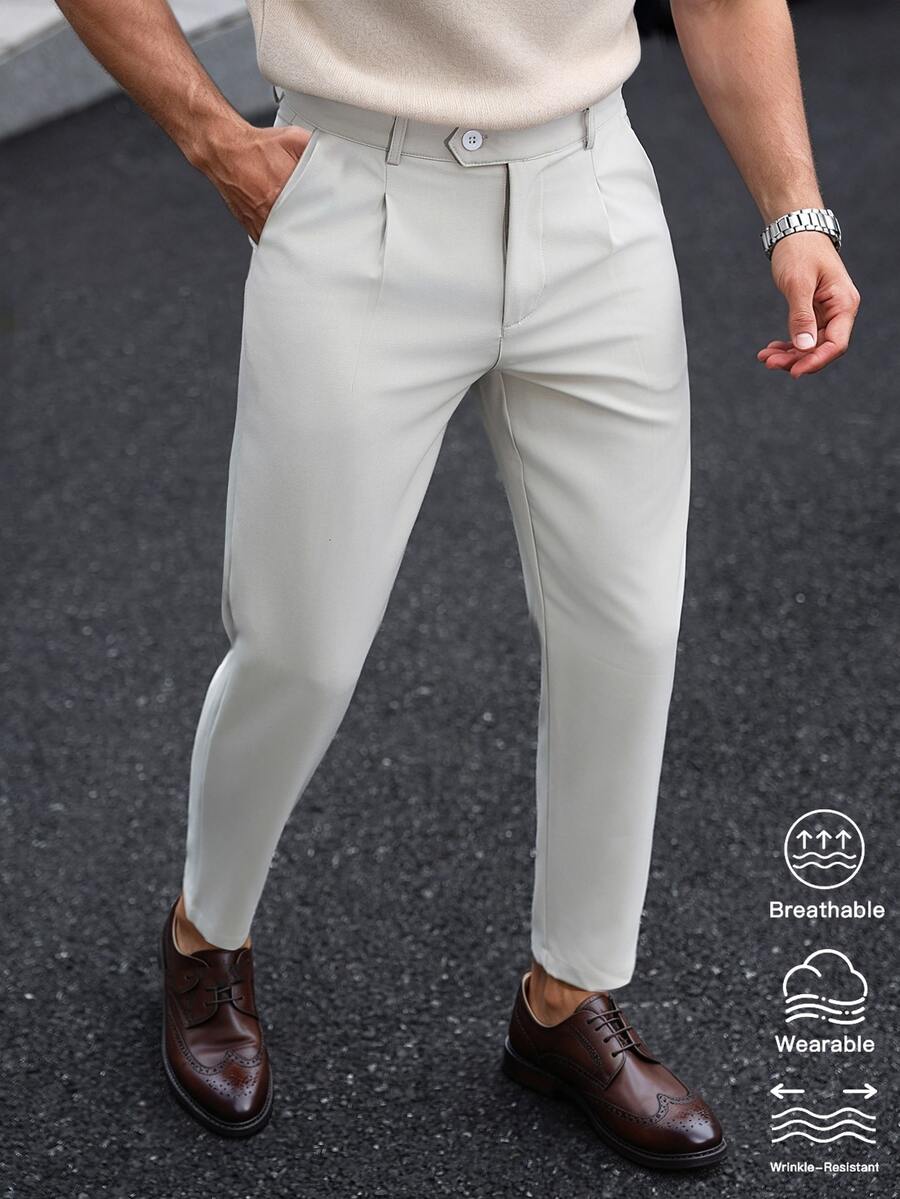 Manfinity Mode Men's Apricot Italian Style Diagonal Button Waist Double Pleated Wrinkle-Resistant Casual Commute Business Suit Pants - Apricot - View 1