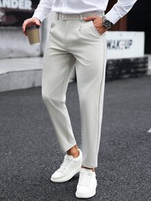 Manfinity Mode Men's Apricot Italian Style Diagonal Button Waist Double Pleated Wrinkle-Resistant Casual Commute Business Suit Pants - Apricot - View 5