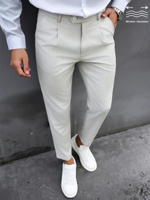 Manfinity Mode Men's Apricot Italian Style Diagonal Button Waist Double Pleated Wrinkle-Resistant Casual Commute Business Suit Pants - Apricot - View 6