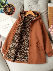 Girls' Autumn/Winter Brown Wool-Like Fabric Hooded Jacket With Floral Lining And Single-Breasted Buttons, Suitable For Daily Wear - Brown - View 1
