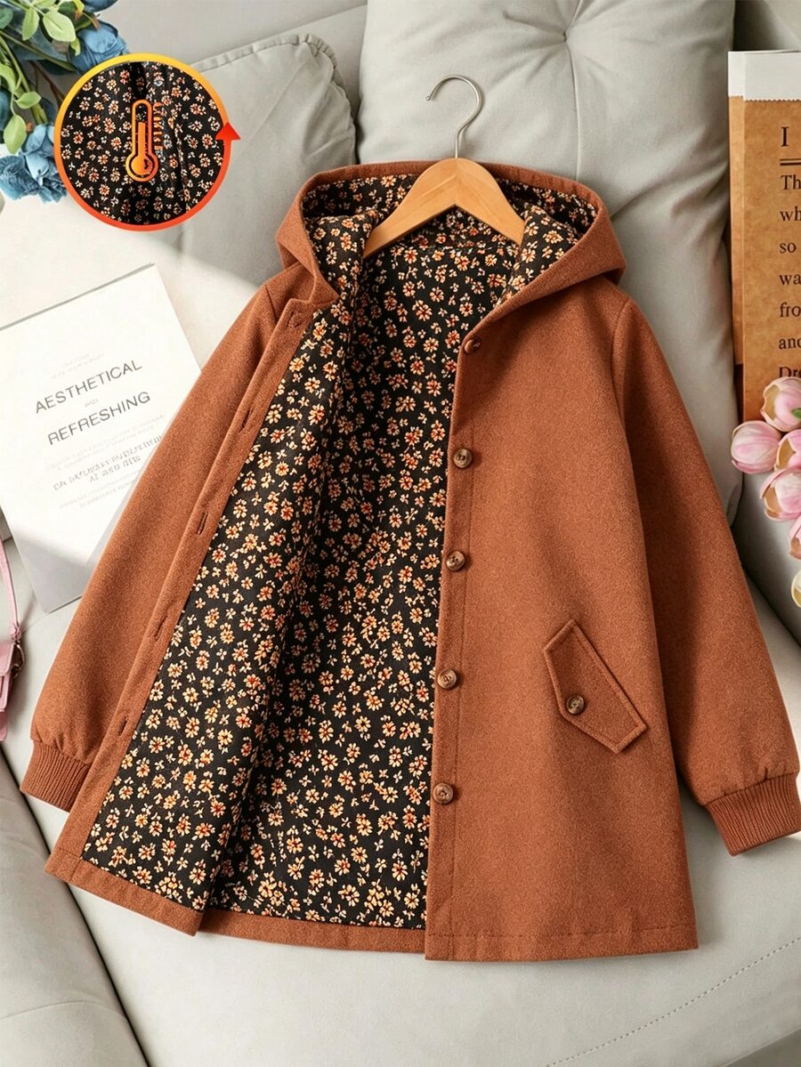 Girls' Autumn/Winter Brown Wool-Like Fabric Hooded Jacket With Floral Lining And Single-Breasted Buttons, Suitable For Daily Wear - Brown - View 1