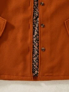 Girls' Autumn/Winter Brown Wool-Like Fabric Hooded Jacket With Floral Lining And Single-Breasted Buttons, Suitable For Daily Wear - Brown - View 4