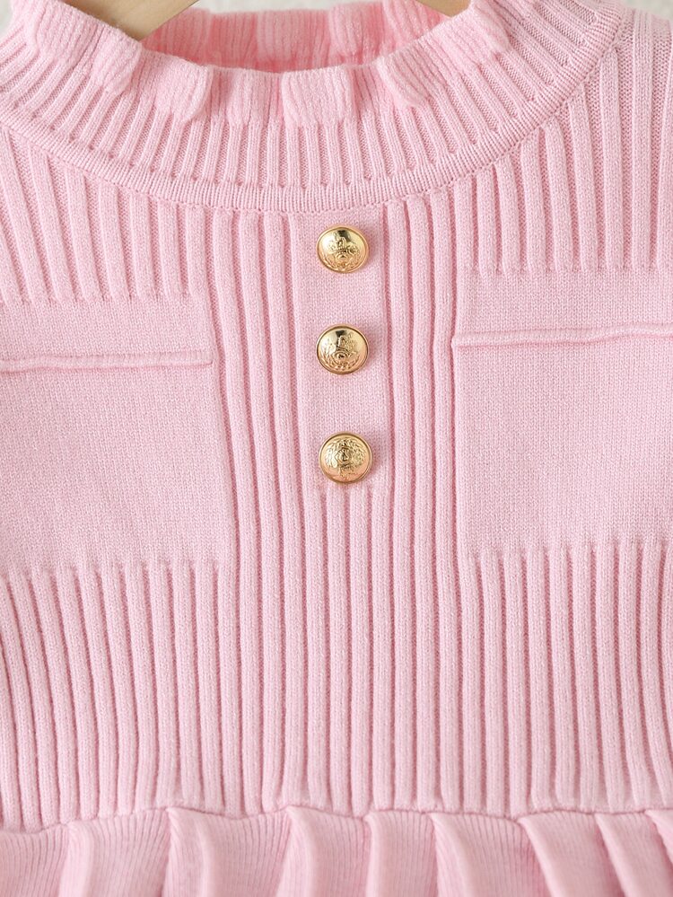 Young Girl) Pink Houndstooth Sweater Dress, Preppy Style, Long Sleeve, Round Neck, Metal Decor, Faux Pockets, Ruffle Collar - Pink - View 8