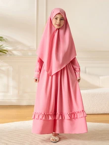 Tween Girl Fall Dresses Matching Ruffle Hem Mini Dress Headband Set, Pink, Outfit Communion Wedding Autumn Elegant Clean Girl - Pink - View 4