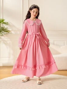 Tween Girl Fall Dresses Matching Ruffle Hem Mini Dress Headband Set, Pink, Outfit Communion Wedding Autumn Elegant Clean Girl - Pink - View 7