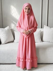 Tween Girl Fall Dresses Matching Ruffle Hem Mini Dress Headband Set, Pink, Outfit Communion Wedding Autumn Elegant Clean Girl - Pink - View 3