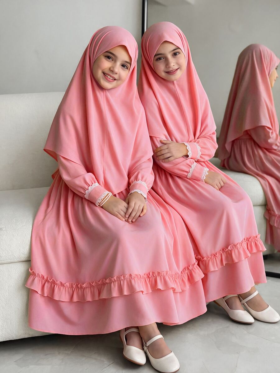 Tween Girl Fall Dresses Matching Ruffle Hem Mini Dress Headband Set, Pink, Outfit Communion Wedding Autumn Elegant Clean Girl