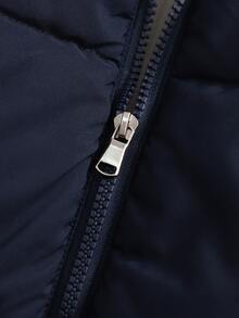 SHEIN Chaqueta acolchada con cuello alto para niñas preadolescentes, decoración con lazo & rayas laterales, abrigo acolchado cálido con cremallera, ropa de abrigo casual y preppy para otoño e invierno - Azul Marino - Ver 4