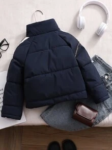 SHEIN Chaqueta acolchada con cuello alto para niñas preadolescentes, decoración con lazo & rayas laterales, abrigo acolchado cálido con cremallera, ropa de abrigo casual y preppy para otoño e invierno - Azul Marino - Ver 2