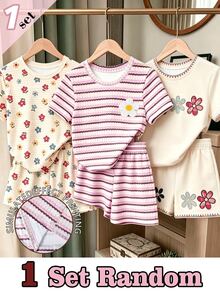 SHEIN 1 Set Random Girls Pink Brown Beige Horizontal Stripe Colorful Floral Plaid Pattern Basic Short T-Shirt And Shorts Set, Daily Wear - Multicolor - View 1