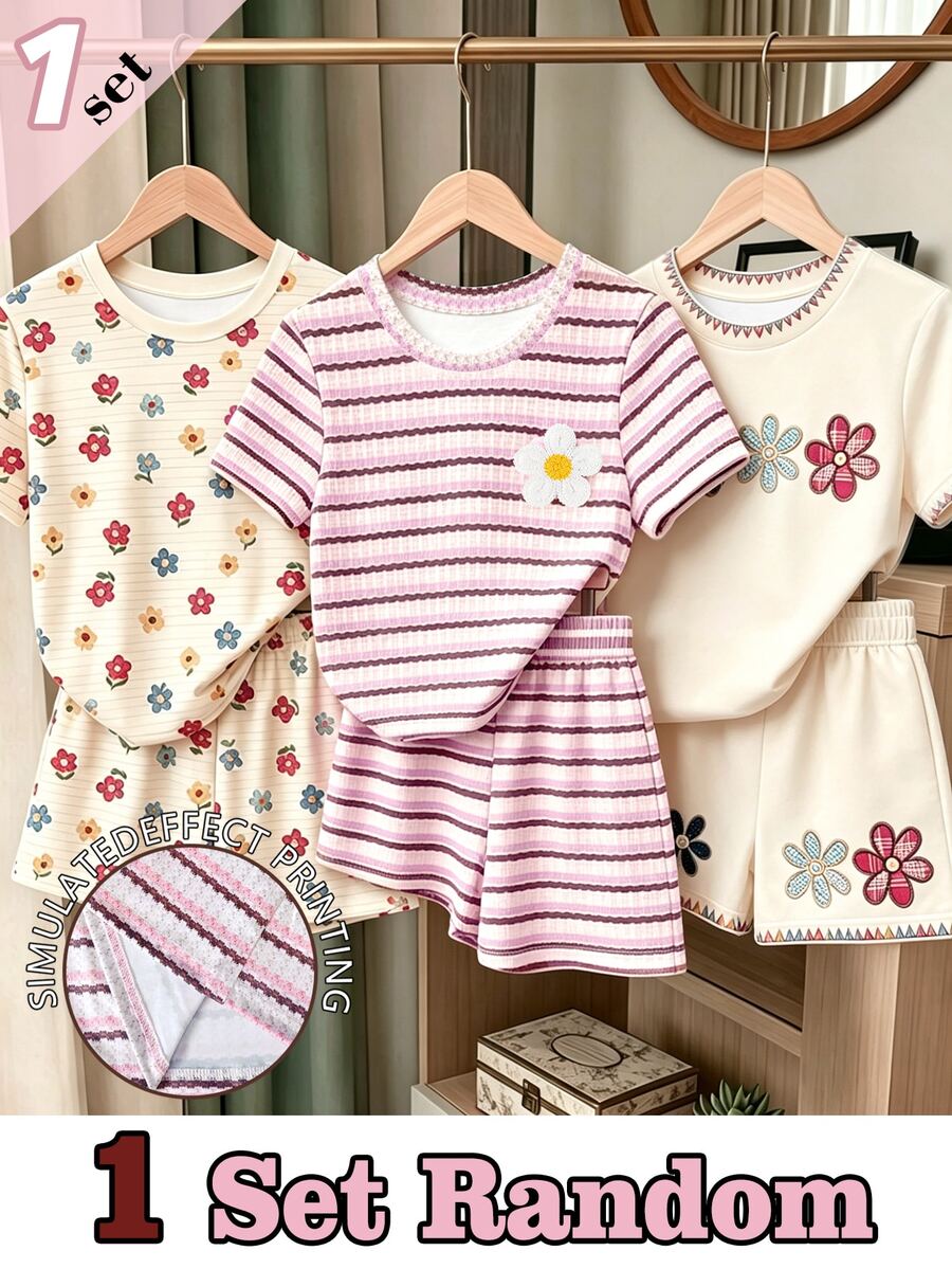 SHEIN 1 Set Random Girls Pink Brown Beige Horizontal Stripe Colorful Floral Plaid Pattern Basic Short T-Shirt And Shorts Set, Daily Wear - Multicolor - View 1