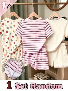 SHEIN 1 Set Random Girls Pink Brown Beige Horizontal Stripe Colorful Floral Plaid Pattern Basic Short T-Shirt And Shorts Set, Daily Wear - Multicolor - View 2