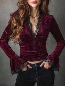 SHEIN Clasi 女款對比蕾絲V領長袖修身優雅性感T恤，黑色蕾絲，適合聖誕、夜晚外出、約會之夜 - 紅色 - 查看 10