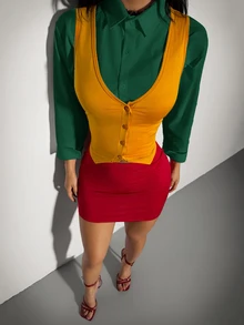 SHEIN ICON Women's Halloween Joker Solid Color Single-Breasted Vest And Skirt Suit Set,Halloween Costumes For Women - Multicolor - View 6