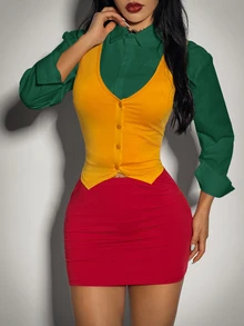 SHEIN ICON Women's Halloween Joker Solid Color Single-Breasted Vest And Skirt Suit Set,Halloween Costumes For Women - Multicolor - View 4